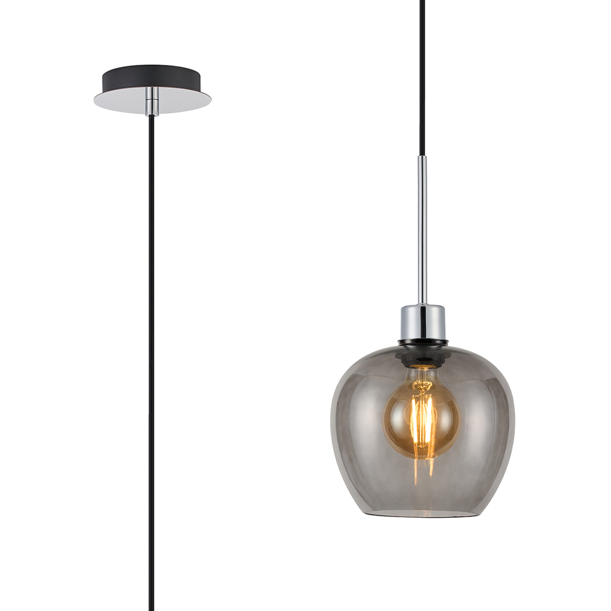 DK1265  Lori 1.7m Single Pendant, 1 Light Adjustable E27, Polished Chrome/Smoke Wine Shades